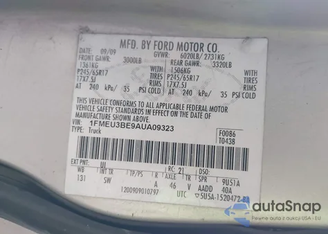 2010 Ford Explorer Sport Trac Xlt z USA, uszkodzony, nr VIN 1FMEU3BE9AUA09323